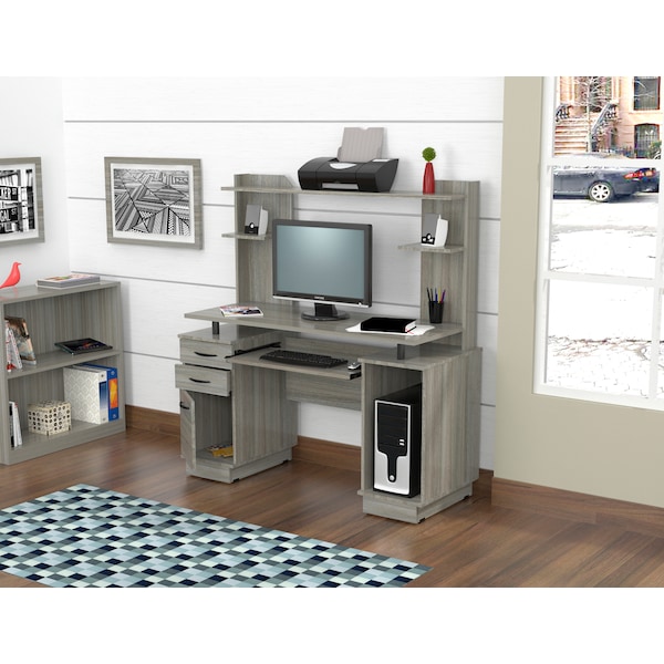 Computer WorkCentre w/Hutch 48.39 in. W Smoke Oak Rectangular 2 -Drawer with Open Storage